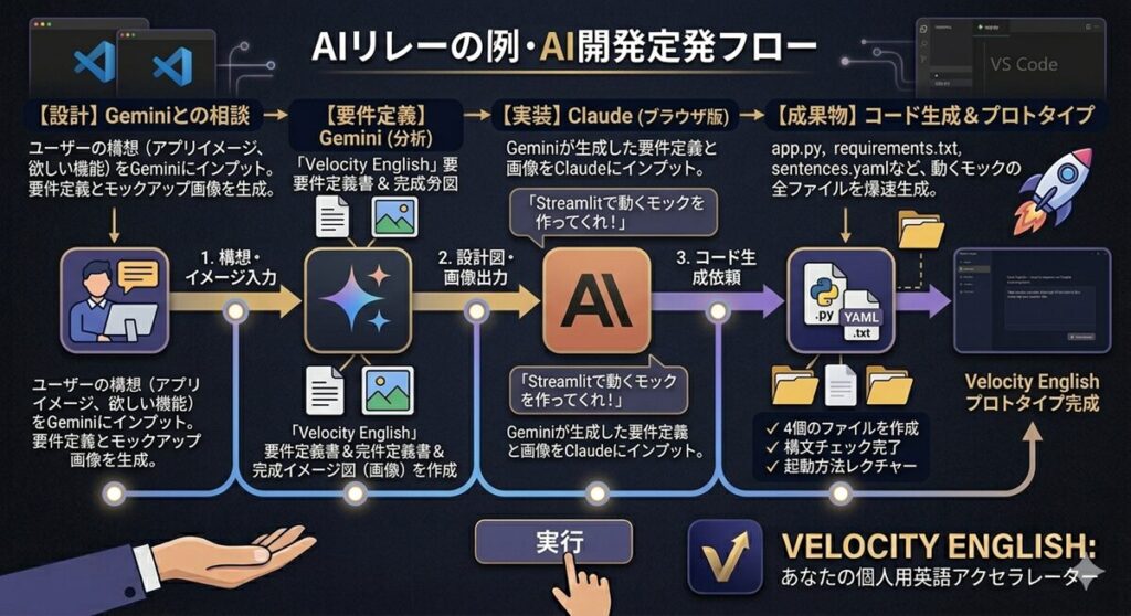 AI開発の連携フロー図。ユーザーがGeminiに構想を入力し、要件定義書とイメージ図を出力。それをブラウザ版Claudeにインプットして、Python（Streamlit）の実行コード一式を生成し、Velocity Englishのプロトタイプを完成させるまでの流れ。