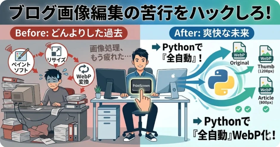 Pythonでブログ画像編集を自動化するツールの紹介。左側に苦労する編集作業、右側にPythonロゴと自動生成されたWebP画像が並ぶ比較図