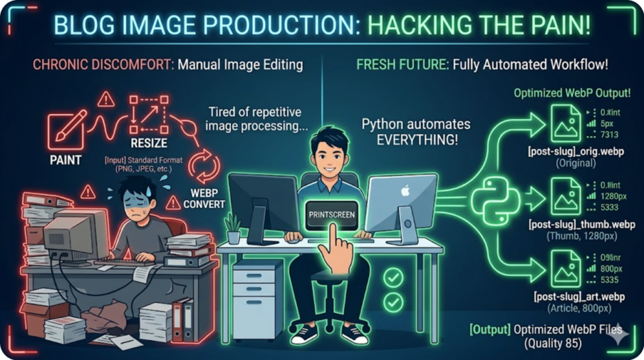 Comparison infographic of manual blog image editing versus the automated sstowebp workflow, featuring a neon tech aesthetic.
