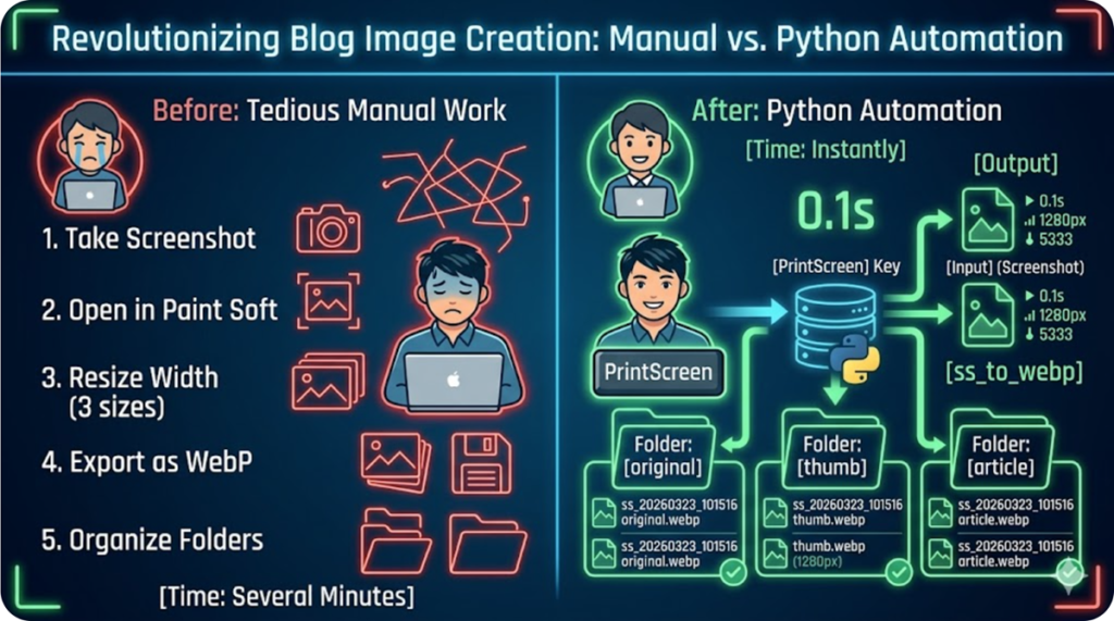 Time comparison chart between manual work (minutes) and sstowebp automation (0.1 seconds) for blog image processing.