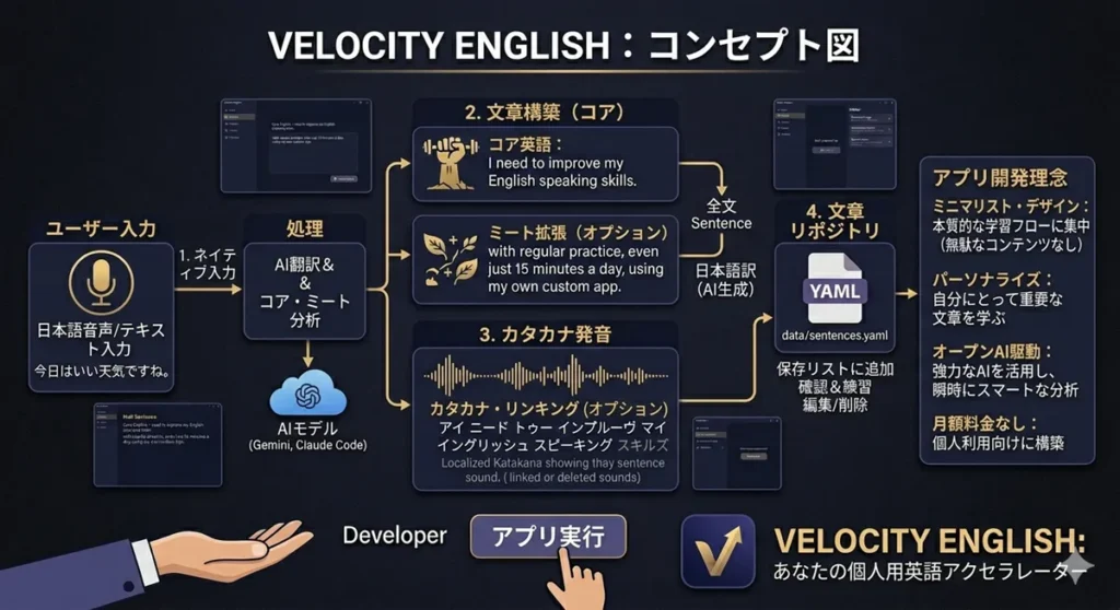 英語学習アプリ「Velocity English」の日本語版コンセプト図。マイク入力、AIモデル（Gemini, Claude Code）による文章構築、カタカナ発音生成、YAMLデータ保存のプロセスを示すフローチャート。