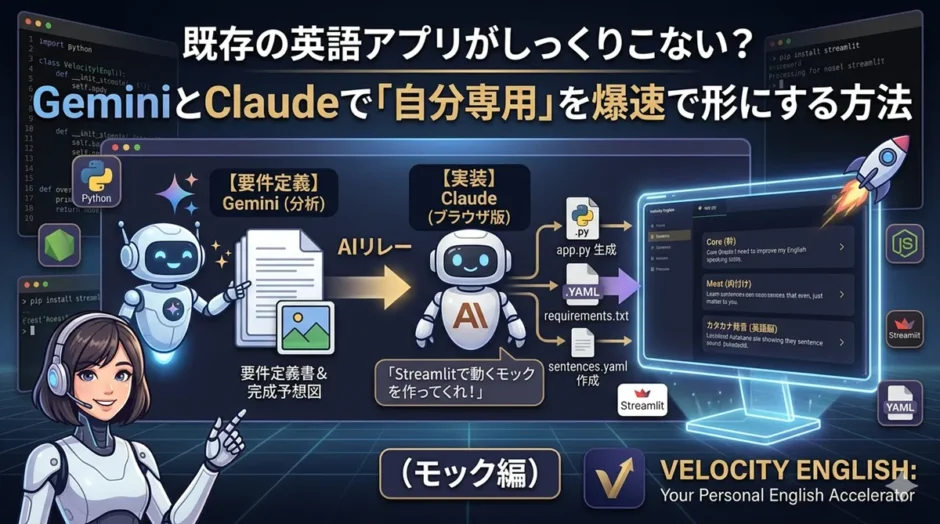 ブログ記事のアイキャッチ画像。タイトル「既存の英語アプリがしっくりこない？GeminiとClaudeで自分専用を爆速で形にする方法」の文字と、AIキャラクターが要件定義からコード生成までを行う開発フローのイラスト。