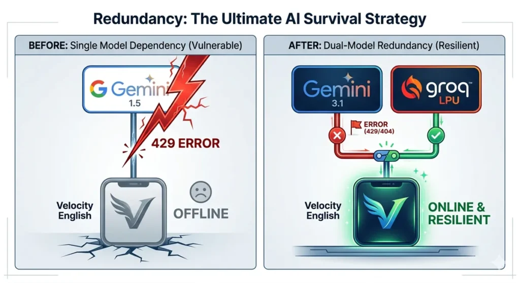 Gemini一本依存から二刀流AIフォールバックへ。429エラーを回避する冗長構成のBefore/Afterインフォグラフィック