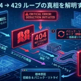 404エラー（モデル未検出）が原因で発生したパニック・リトライ（自動再送）の暴走が、一瞬でAPI制限を超えて429エラー（リクエスト過多）を引き起こす論理プロセスを可視化したエンジニアのデバッグ図解。
