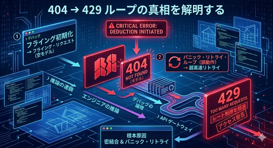 404エラー（モデル未検出）が原因で発生したパニック・リトライ（自動再送）の暴走が、一瞬でAPI制限を超えて429エラー（リクエスト過多）を引き起こす論理プロセスを可視化したエンジニアのデバッグ図解。