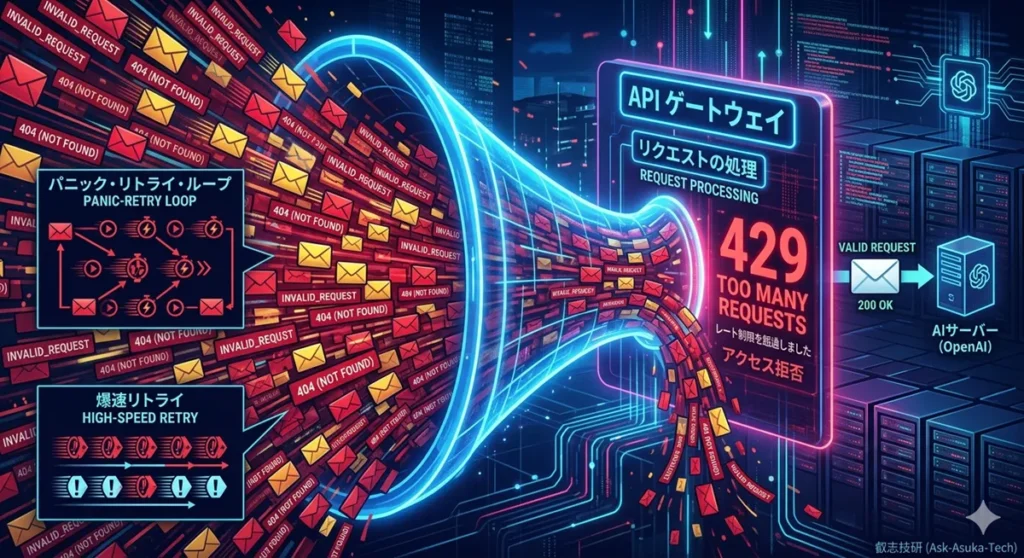 API連携における429エラー（リクエスト過多）の仕組みを可視化した図解。「不完全なリクエスト（404）」をプログラムがパニックを起こして「爆速リトライ（1分間に数千回）」した結果、APIゲートウェイにデータが殺到し、制限を超えてアクセスが拒否される様子