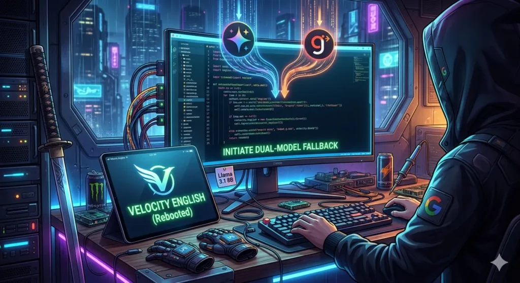 GeminiとGroqの二刀流AIフォールバックを実装したPythonコードと、再起動した『Velocity English』のタブレットが輝くサイバーパンクなデスク環境（結論イメージ）