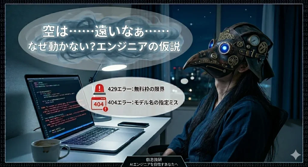 429・404エラーに直面し、夜空を見上げて思考を整理する作務衣姿のエンジニア