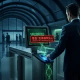 A man (Vincent) stands at the Gattaca biometric gate, placing his finger. A dynamic red Japanese text "警告：生体検知なし" (WARNING: NO LIVENESS DETECTION) is overlaid on the 'VALIDATED' monitor, signifying AI intervention.