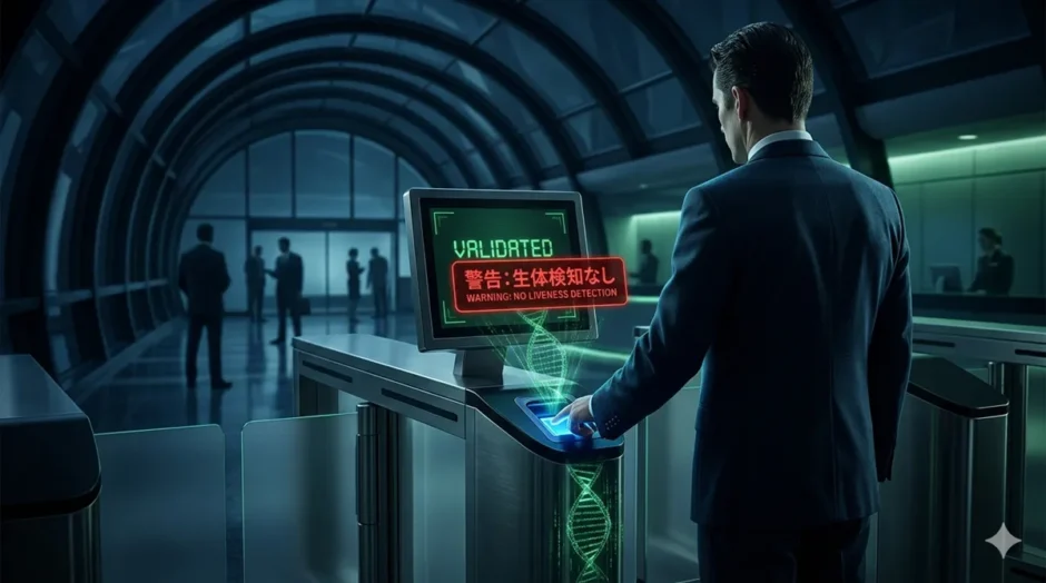 A man (Vincent) stands at the Gattaca biometric gate, placing his finger. A dynamic red Japanese text "警告：生体検知なし" (WARNING: NO LIVENESS DETECTION) is overlaid on the 'VALIDATED' monitor, signifying AI intervention.