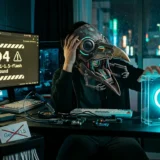 サイバーパンクなデスクで頭を抱えるペストマスク姿のAIエンジニア。左のモニターは「Gemini 429/404エラー」を出し、右のデバイス「Groq」が光明を放つ。