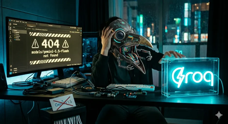 サイバーパンクなデスクで頭を抱えるペストマスク姿のAIエンジニア。左のモニターは「Gemini 429/404エラー」を出し、右のデバイス「Groq」が光明を放つ。