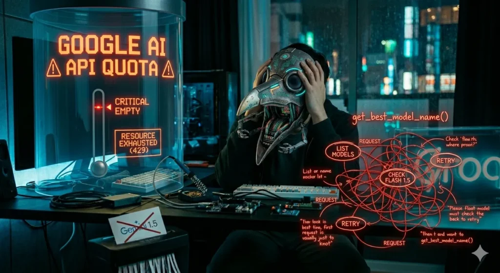 An AI engineer in a plague doctor mask sadly looking at an empty Google AI API quota tank with a tangled red thread of flowcharts.