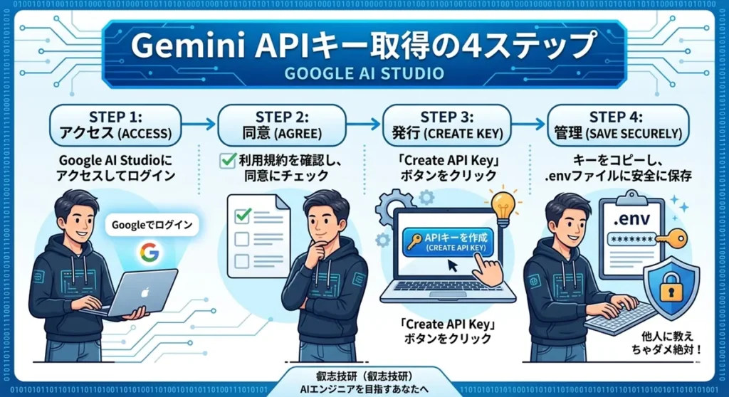 Google AI StudioでGemini APIキーを取得するための4ステップ解説図解