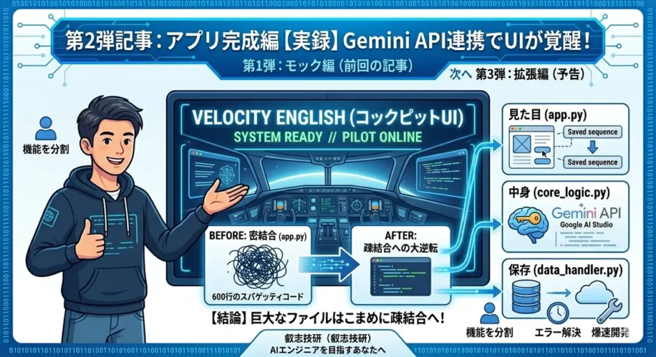 Gemini API連携でUIが覚醒！密結合のコードを疎結合へリファクタリングしてアプリが完成した図解。