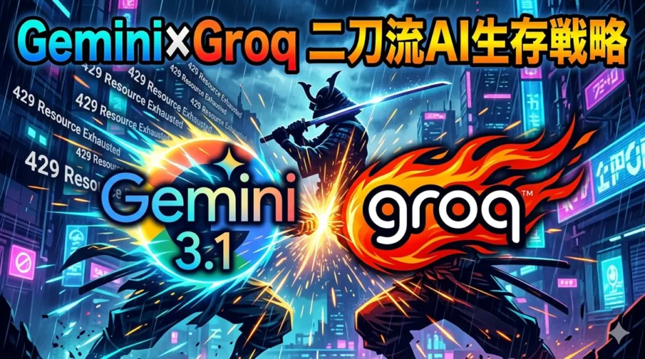 Gemini 3.1とGroqのロゴが激突する、サイバーパンクな二刀流AI生存戦略のアイキャッチ画像