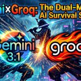 Eye-catch image showing Gemini 3.1 and Groq logos clashing in a cyber-punk dual-model AI survival strategy scene.