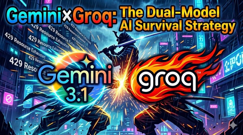 Eye-catch image showing Gemini 3.1 and Groq logos clashing in a cyber-punk dual-model AI survival strategy scene.
