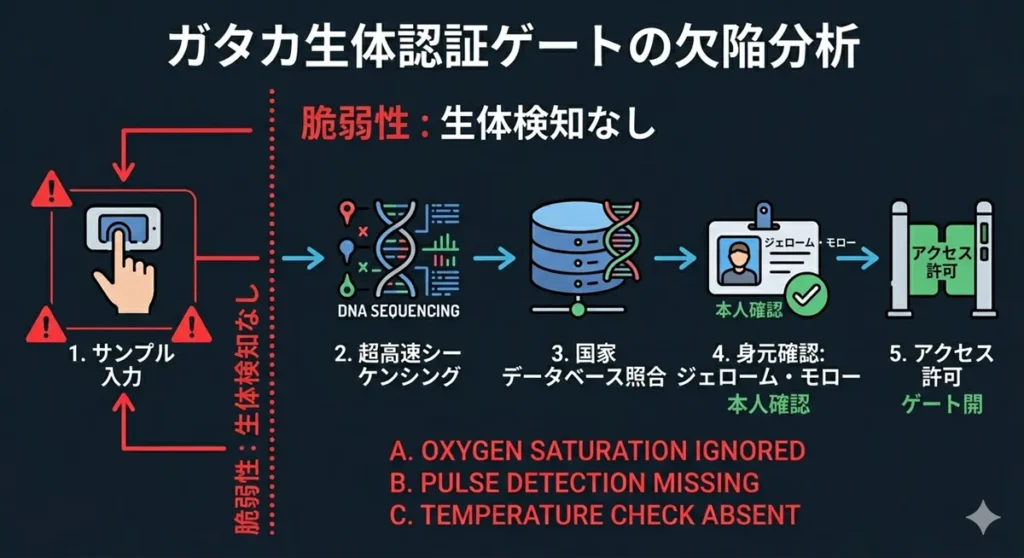 映画『ガタカ』の血液認証ゲートにおける生体検知（Liveness Detection）の欠如を示す脆弱性分析図