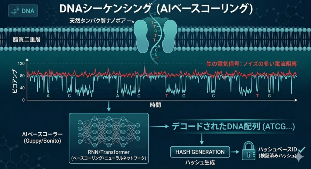 ナノポアDNAシーケンシングとAIベースコーリングの仕組み。生の電気信号（電流阻害波形）をRNN/Transformerモデルでデジタル遺伝子配列（ATCG...）にデコードするプロセス。