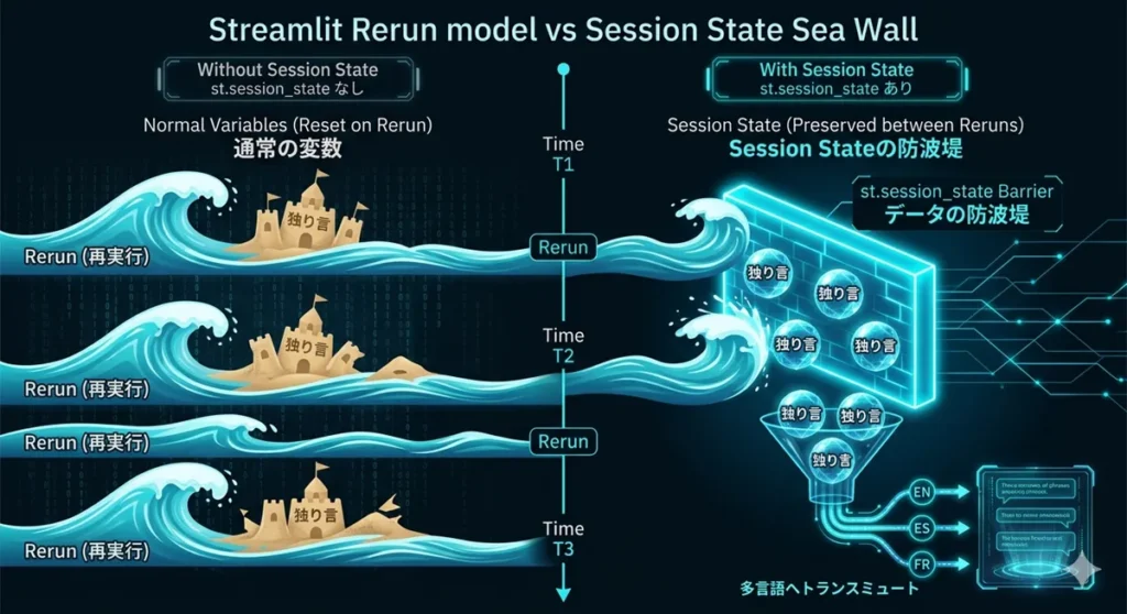 StreamlitのRerun（再実行）モデルとst.session_state（セッション状態管理）の対比を示す図解。画面中央を上から下へ流れるタイムライン。左側の「通常の変数（st.session_state なし）」は、Rerunの波が来るたびにデータが砂のように崩れ洗い流される。右側の「Session State（st.session_state あり）」は、ネオンブルーに光る強固な「データの防波堤」によってデータが守られ、次の実行へ引き継がれる。保持されたデータは、多言語（EN, ES, FR）のホログラム出力へと繋がる。
