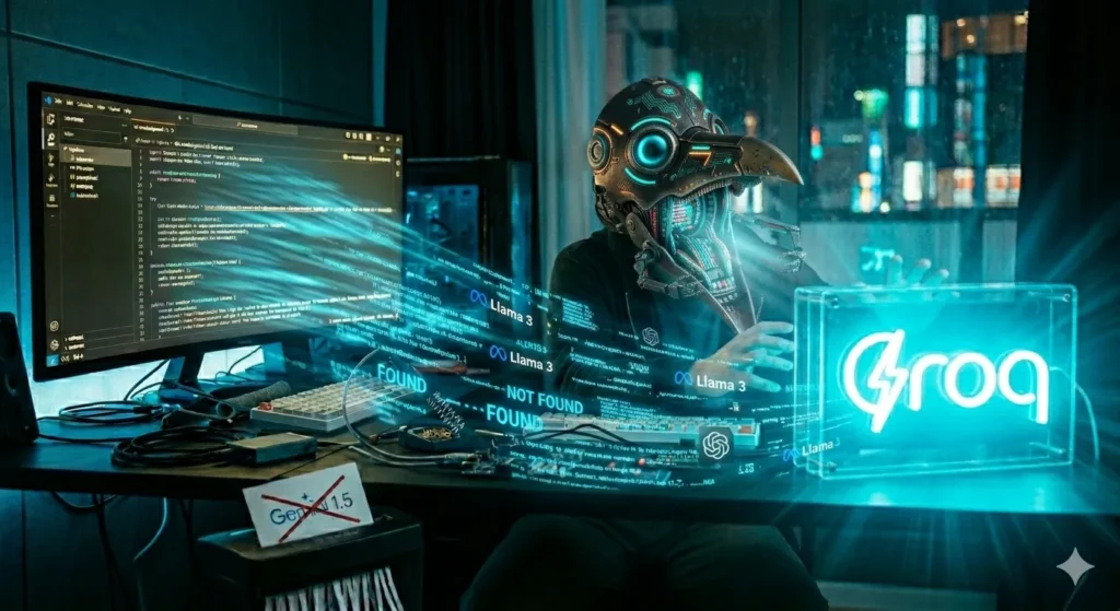 The plague doctor engineer activating a Groq device that emits a bright blue light, with Llama 3 generating content at light speed.
