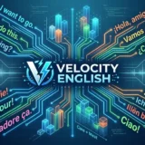 個人開発アプリ「Velocity English」のAI多言語トランスミュート概念図。中心のロゴから英語、スペイン語、フランス語、ドイツ語のフレーズが、サイバーパンク風の光るロジックラインで四方に広がるデジタルアート。背景には、言語ごとの論理構造（Core + Meat）を示す抽象的な3Dブロックグラフや、言語のリズムを表す波形が重なる。