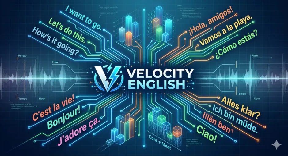 個人開発アプリ「Velocity English」のAI多言語トランスミュート概念図。中心のロゴから英語、スペイン語、フランス語、ドイツ語のフレーズが、サイバーパンク風の光るロジックラインで四方に広がるデジタルアート。背景には、言語ごとの論理構造（Core + Meat）を示す抽象的な3Dブロックグラフや、言語のリズムを表す波形が重なる。