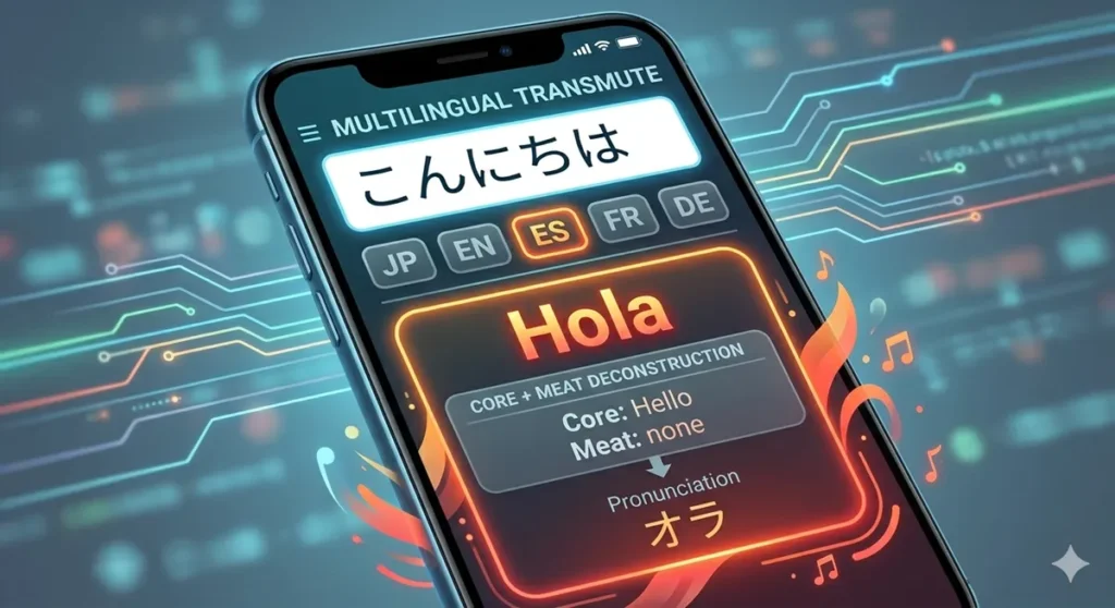 個人開発アプリ「Velocity English」の多言語トランスミュート機能のUIモックアップ。日本語「こんにちは」を入力し、[EN] [ES] [FR] [DE]から[ES]（スペイン語）を選択した状態を示す。出力結果として「Hola」と、その下の構造分解図（Core: Hello / Meat: none）、そしてカタカナ発音「オラ」が、スペイン語を象徴するオレンジと赤のパッションある色使いで表示されている。