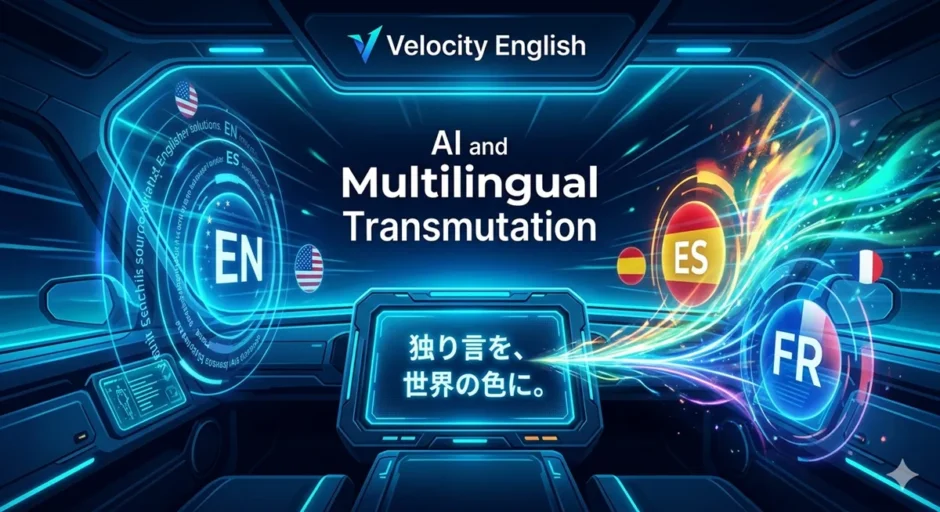 Velocity Englishの近未来的なコックピット。中央コンソールから伸びる光の帯が、ホログラムのEN（英語）、ES（スペイン語）、FR（フランス語）へ繋がり、日本語の独り言が多言語へトランスミュートする様子を表現したサイバーパンクな図解。