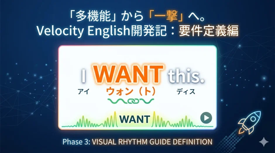 「多機能」から「一撃」へ。Velocity English Phase 3のビジュアル・リズム・ガイド要件定義。英文（ストレス、リンキング）、カタカナ、音声波形の統合UIカード。