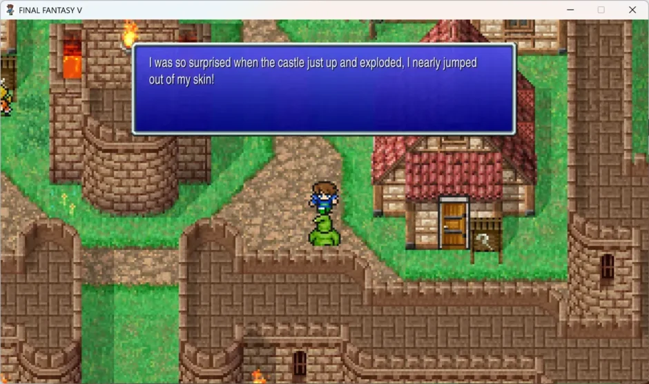 Capturing the entire game screen of FINAL FANTASY V, the target for the VGLL project. The English conversation text displayed in the blue window at the top of the screen is the subject for automatic recognition by EasyOCR.