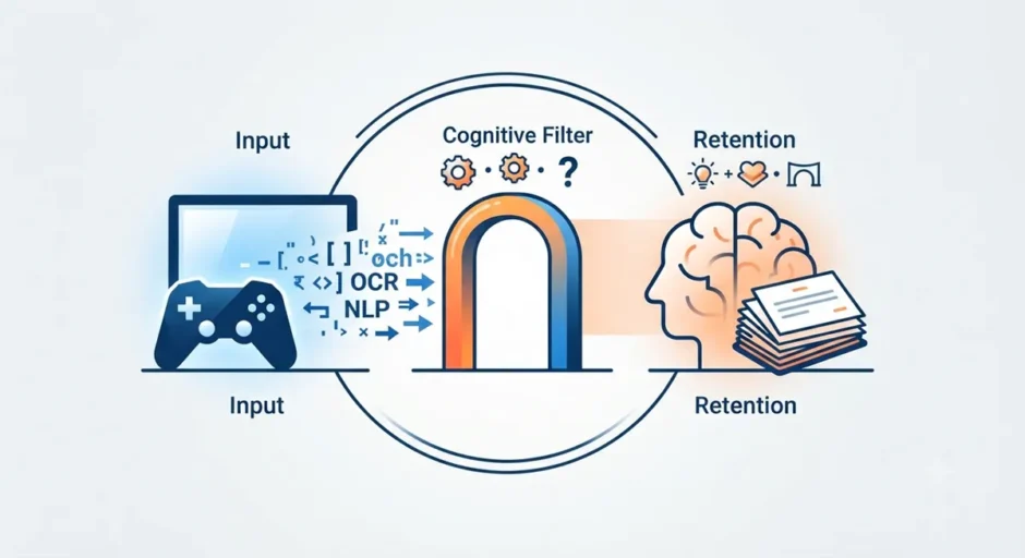 Video Games for Language Learning (VGLL) のシステム概念図。ゲーム画面からの入力が、OCRとNLPのフィルターを経て、認知的ストレスという橋渡しにより脳と学習ログ（Ankiカード）に定着する流れを抽象化。